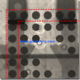 BGA錫球尺寸小于0.4mm，采用降低BGA內(nèi)圍襲球的錫膏量所得到X-Ray，稍微留意一下可以發(fā)現(xiàn)最外圈的錫量(圓的直徑)比其他內(nèi)圍的錫球上的錫量來(lái)得多一點(diǎn)點(diǎn)。也就是外圈的黑色圓形直徑比內(nèi)圈的圓形來(lái)得大一點(diǎn)點(diǎn)。