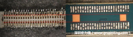 把板對板連接器與其電路板的佈線焊墊作一個比較，端子的切斷面有毛邊的地方剛好對到了裸銅區(qū)。