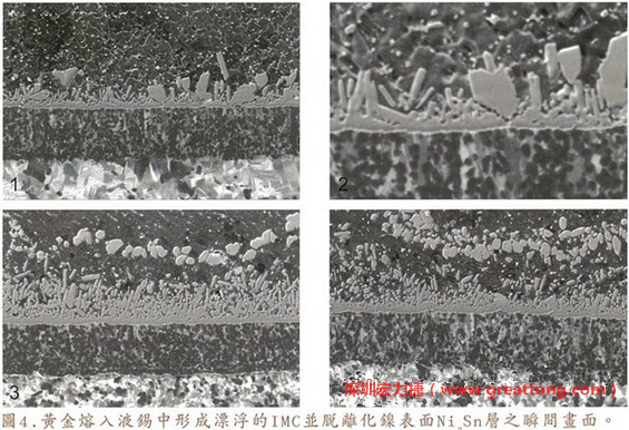 下面四張圖片為放大4500倍的SEM圖像，說明在回流焊爐熱量不足的情況下，黃金成份正要從鎳層分離融入焊錫之中的瞬間，當(dāng)零件遭受外力沖擊的時(shí)候就極有可能從這一整排AuSn、、AuSn2或AuSn4的IMC處裂開。