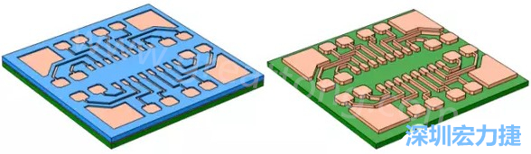 銅被電鍍?cè)趯?dǎo)電種子層之上，從而填滿了PCB板上的圖形化光刻膠腔體(左)。清除光刻膠，蝕刻暴露出的種子層以分隔開(kāi)不同的銅線(右)-深圳宏力捷