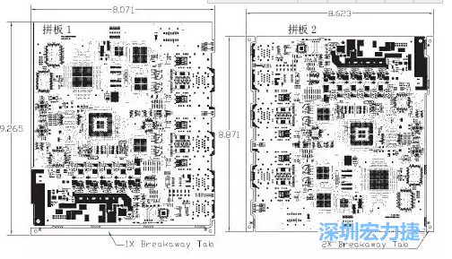 如圖7所示是使用不同數(shù)量邊條的拼板，拼板1僅使用了一個(gè)邊條，直接利用PCB另一邊作為SMT工藝傳送邊，并且PCB圖形中有合適的安裝孔；而拼板2則是按常規(guī)設(shè)計(jì)了兩個(gè)邊條。拼板方式為連接筋。圖中“Breakaway Tab”指邊條-深圳宏力捷