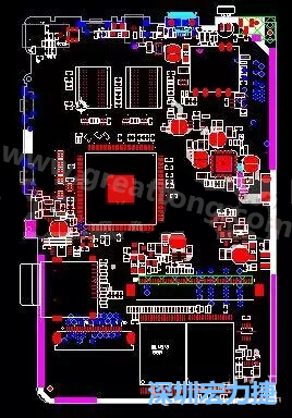 上圖是一個(gè)開發(fā)板的PCB，從布局中可以看出各個(gè)接口電路分離很明確，SDRAM和DDR以及SD卡接口電路等走線不會(huì)造成相互的干擾。-深圳宏力捷