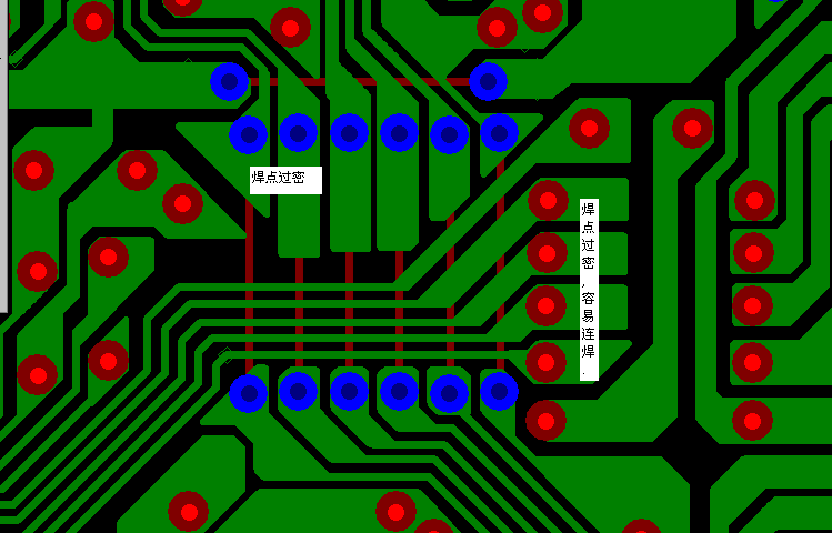 PCB設(shè)計焊點過密，易造成波峰連焊，焊點間漏電