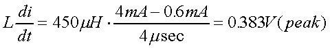 舉例來(lái)說(shuō)，一個(gè)閘在"ON"而載有4mA的電流時(shí)，突然開(kāi)關(guān)切到"OFF"且現(xiàn)在載有0.6mA的電流，假設(shè)開(kāi)關(guān)時(shí)間為4msec，載有450mH的電感信號(hào)的導(dǎo)體，此時(shí)所產(chǎn)生的電壓突波為