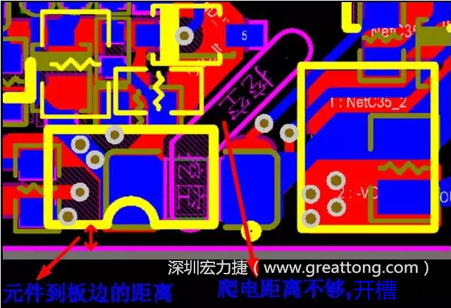 如果碰到模塊PCB空間有限，爬電距離不夠，可以采用開槽的方式