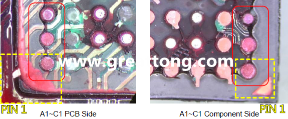 PIN-1的位置很重要，不知道Pin-1在哪里？那你怎么知道斷裂錫球在PCB的位置，如何判斷可能的應力(Stress) 影響。一般在PCB的絲印層(白漆)上面一定會標示零件的PIN-1位置，有的未打一個圓點，有的會畫三角形，但這張照片在PCB的PIN-1被紅墨水遮住了，如果可以的話建議那一塊沒有紅墨水的板子對照一下。