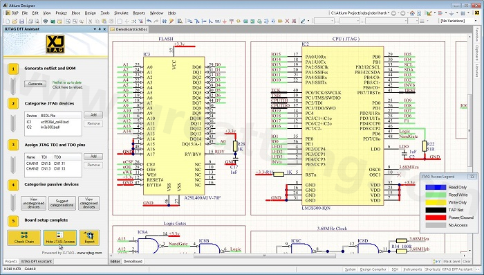 XJTAG DFT Assistant的Access Viewer模式可以清楚地顯示可用的測試存取層級，讓電路板設(shè)計人員在展開PCB布局以前的原理圖擷取階段盡可能地提高測試存取能力