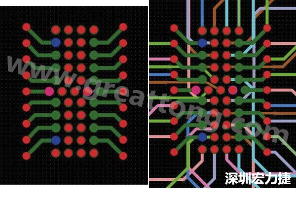 圖7：焊盤內(nèi)過孔用于內(nèi)部，而外部接腳在0.5mm閘格上扇出。圖7a顯示的是頂層(左)；圖7b顯示頂層和內(nèi)部布線層(右)。