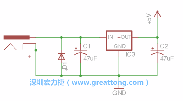 新增RBBB→Power_Jack，將它放在電壓調(diào)整器的輸入端旁邊。