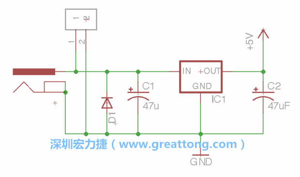 2.5.    新增一個(gè)二極體，它會(huì)以水平的狀態(tài)出現(xiàn)在屏幕上，請(qǐng)使用「旋轉(zhuǎn)（Rotate）」工具把它負(fù)極那一面朝上，并且用「網(wǎng)絡(luò)連接」工具將它連接在電壓調(diào)整器的輸入端和接地端之間。