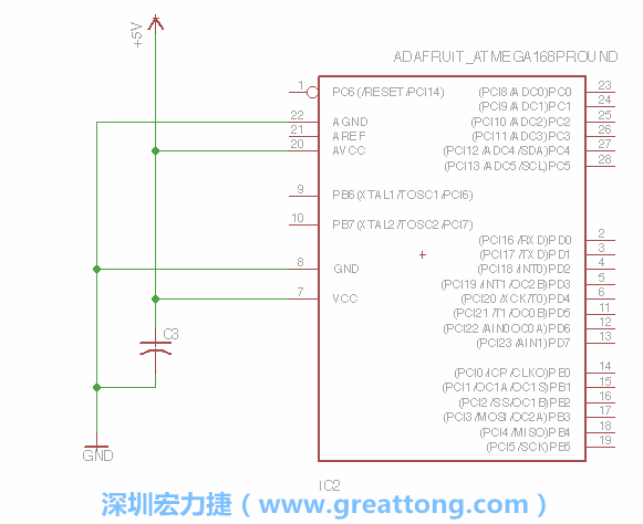 3.1.    新增微控制器晶片（RBBB → ATmega），把它放在電路原理圖的中央附近，把它的兩個(gè)接地接頭連接到接地訊號(hào)端。