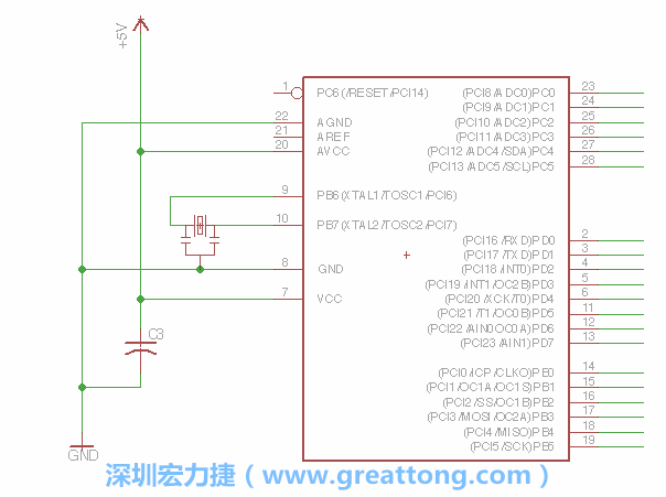 3.2.    在靠近ATmega的電源供應(yīng)針腳7的位置放置一個(gè)0.1μF的電容，將它分別連接電源、接地端和針腳7。