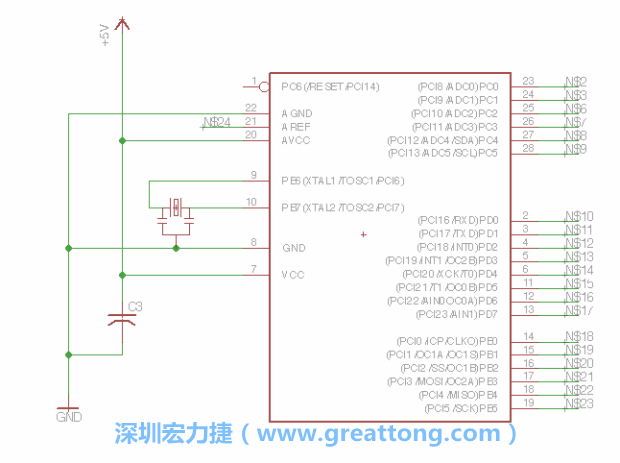 3.3.    將共鳴器（resonator）放置在針腳9和針腳10附近，將它的三個(gè)針腳連接如圖所示，并確認(rèn)最中間的針腳有連到接地端。