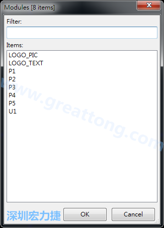 從目前正在編輯的PCB載入Module， 會顯示有那些項(xiàng)目可載入。點(diǎn)選一個(gè)， OK后即完成載入