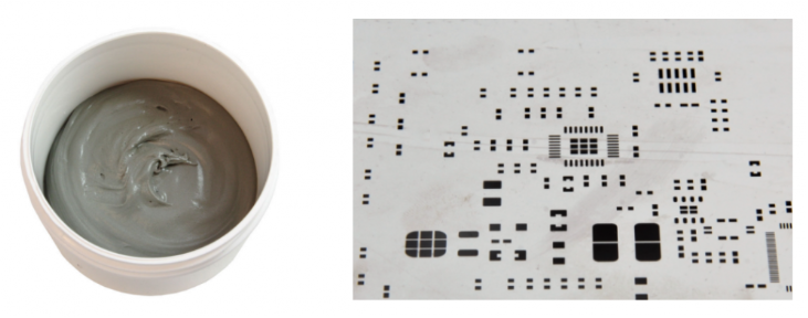 焊膏（左），PCB模板激光切割孔（右）